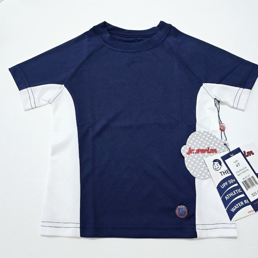Jr. SwimKids - 4T - Boys Contrast‎ Side Panel Swim Tee, Navy and White